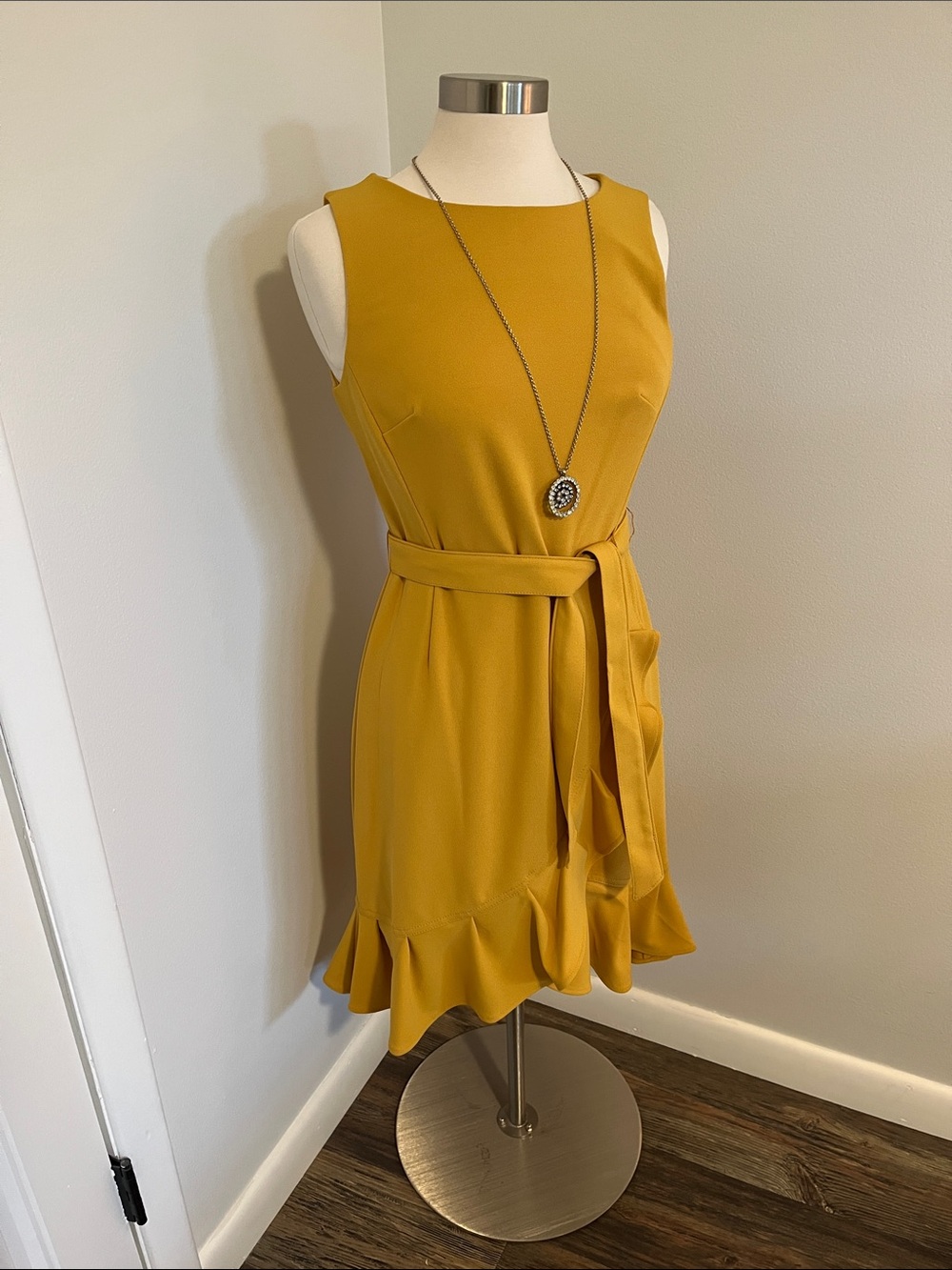 Calvin Klein Mustard Yellow Belted Ruffle Hem Sleeveless Mini Dress